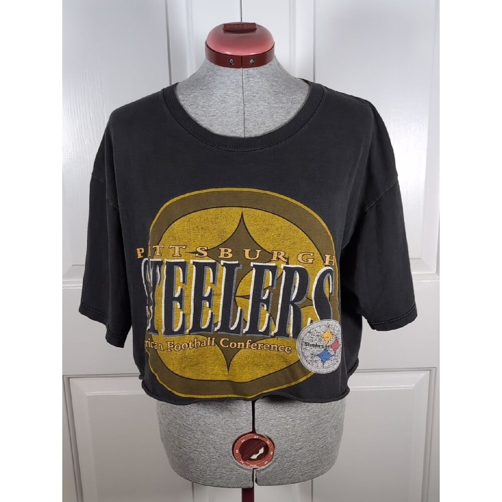 Vintage 90s Pittsburgh Steelers Starter Black Cropped Graphic Football T-Shirt
